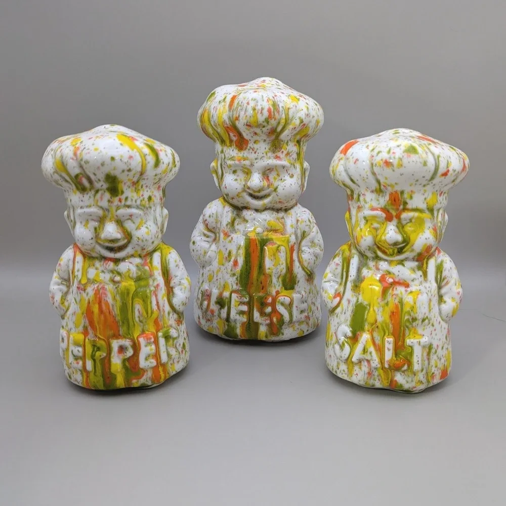 Vintage Chef Salt Pepper Cheese Shaker Set Splatter‎ Drip Glaze Multicolor 3pc